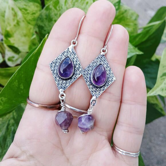 Amethyst Gemstone Dangle Earrings, Artisan Boho Chic Statement 3" - Picture 4 of 6